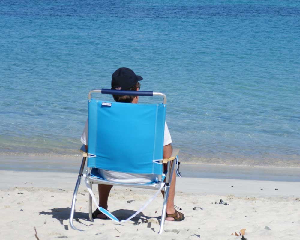Person sitting on a chair at the beach, facing the ocean